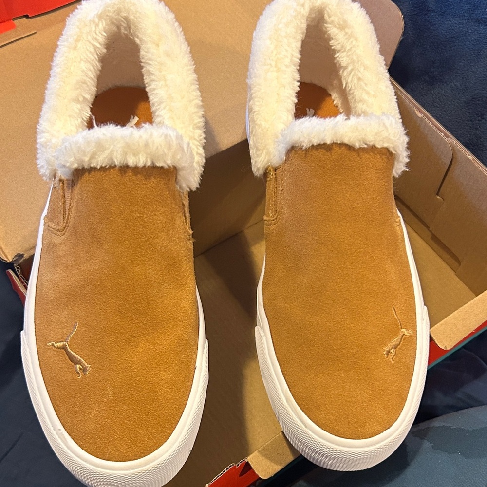Puma Bari Comfort Shearling Sneakers in Tan and White